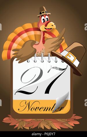 Cartoon Türkei mit pilgrim Hut präsentiert Thanksgiving Day Kalender auf dem Boden der Blätter im Herbst Stock Vektor