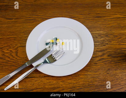 Gelbe Kapseln und grünen Pillen auf einem weißen Teller mit Messer und Gabel Bild mit Kopie Raum im Querformat. Stockfoto