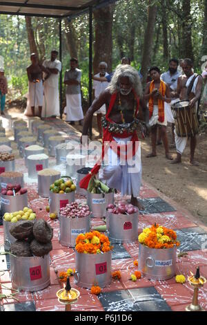 Para eduppu ist eine benutzerdefinierte populär in Kerala bhagavathi Tempel. velichappad oder Oracle und sein Team visits Häuser devotees zu segnen. Stockfoto