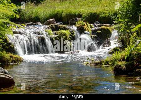 Der Räuber Brücke Somerset England Juni 27, 2018 Kleiner Wasserfall am Wehr Wasser Stockfoto