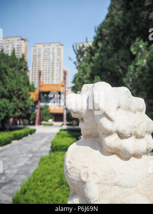 Weiß steinernen Löwen bewacht den Eingang des Konfuzius Tempel in Tianjin, China, Stockfoto