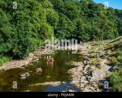 Ribblesdale, UK, 30. Juni 2018. Menschenmassen Paddeln in den Fluss Ribble an stainforth Kraft Wasserfall in der Nähe des Dorfes Stainforth in Ribblesdale, Yorkshire Dales National Park während der sommerhitze Credit: Mark Sunderland/Alamy leben Nachrichten Stockfoto