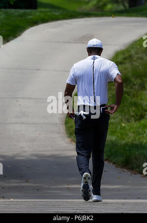 Potomac, MD, USA. 30. Juni, 2018. Tiger Woods geht der Pfad zu der 7 T-Stück Kasten während der dritten Runde der Quicken Loans Nationalen an TPC Potomac in Potomac, MD. Justin Cooper/CSM/Alamy leben Nachrichten Stockfoto