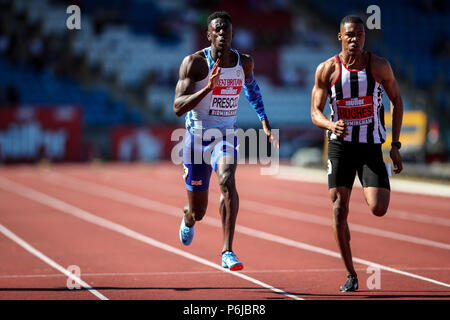 Alexander Stadium, Birmingham, Großbritannien. 30. Juni, 2018. Die Muller britischen Leichtathletik Meisterschaften; Reece Prescod (GBR) gewinnt die 100 Meter Credit: Aktion plus Sport/Alamy leben Nachrichten Stockfoto