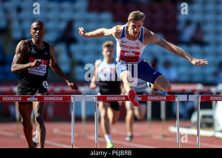 Alexander Stadium, Birmingham, Großbritannien. 30. Juni, 2018. Die Muller britischen Leichtathletik WM; Jack Green (GBR) in die 400 Meter Hürden der Credit: Aktion plus Sport/Alamy leben Nachrichten Stockfoto