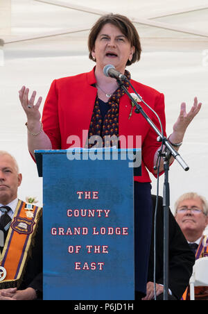 Cowdenbeath, Schottland, Großbritannien. 30 Juni, 2018. Mehr als 4000 Demonstranten nehmen an der jährlichen Schlacht am Boyne Orange Walk in Cowdenbeath, Fife. Der Spaziergang war von DUP-Chef Arlene Foster besucht. Credit: Iain Masterton/Alamy leben Nachrichten Stockfoto