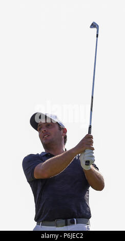 Potomac, MD, USA. 30. Juni, 2018. Francesco Molinari auf der 17 T-Stück Kasten während der dritten Runde der Quicken Loans Nationalen an TPC Potomac in Potomac, MD. Justin Cooper/CSM/Alamy leben Nachrichten Stockfoto