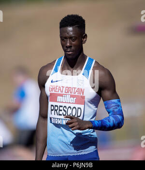 Alexander Stadium, Birmingham, Großbritannien. 30 Jun, 2018. Die britische Leichtathletik WM 2018. Reece Prescod gewinnt das 100 m-Finale in 10.06 Sekunden. Credit: Andy Gutteridge/Alamy leben Nachrichten Stockfoto