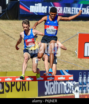 Alexander Stadium, Birmingham, Großbritannien. 30 Jun, 2018. Die britische Leichtathletik WM 2018. Zak Seddon gewinnt die Mens 3000 m Hindernis mit einer Zeit von 8:33.12 vor ieuan Thomas (2.) und Jamaine Coleman (3.) Quelle: Andy Gutteridge/Alamy leben Nachrichten Stockfoto
