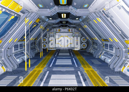 Sci-Fi Raumschiff Korridor Hintergrundbild, 3D-Rendering. Stockfoto