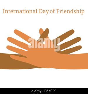 Internationaler Tag der Freundschaft. Am 30. Juli. Konzept einer friedlichen Urlaub. Hände von Menschen verschiedener Nationalitäten. Sie dehnen einen Handschlag zu machen. Stock Vektor