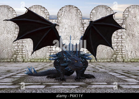 Drachen mit blauen Kristallen und Flügel mit einem Schloss an der Wand im Hintergrund. 3D-Render. Stockfoto