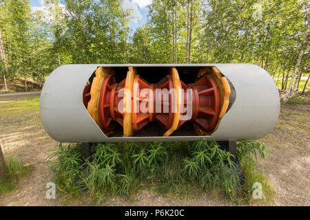 Ein rohr Schwein auf Anzeige an den Alyeska Pipeline Besucher Zentrum in Fairbanks, Alaska. Ein rohr Schwein ist eine Vorrichtung zum Reinigen und die Innenseite der 4 prüfen - Fuß breiten Rohölpipeline, dass Schlangen durch 800 Meilen der alaskischen Wildnis. Stockfoto