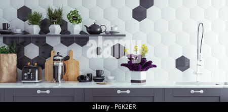 Panoramablick, moderne Küche Innenraum Hintergrund, 3D-Rendering Stockfoto