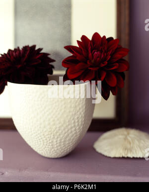 Still-Life aus zwei roten Dahlien in einem weißen Keramik vase konisch geformt Stockfoto