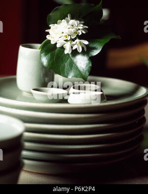 Close-up posy der weißen Schneeglöckchen mit Efeu Blatt auf Stapel weiße Platten Stockfoto