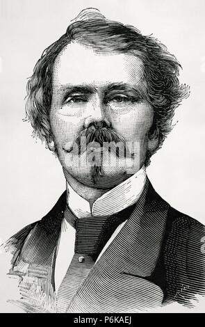 Thomas Mayne Reid (1818-1883). Scots-Irish American Novelist. Porträt. Kupferstich von Rico. La Ilustracion Espanola y Americana, 1883. Stockfoto