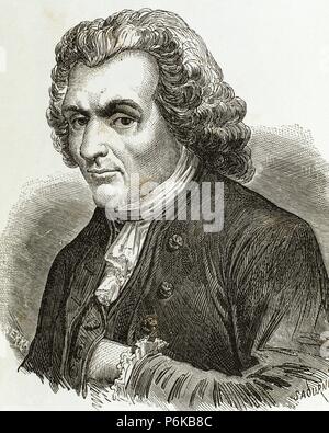 Jean-Jacques Rousseau (1712-1778). Genfer Philosoph, Schriftsteller und Komponisten. Porträt. Kupferstich von sadurni. Stockfoto