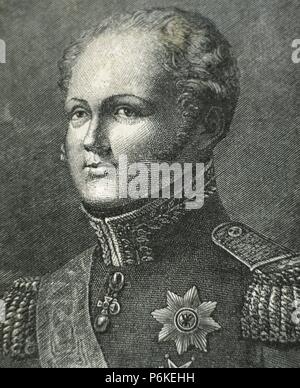 Alexander i. von Russland (1777-1825). Kaiser von Russland (1801-1825), der erste König von Polen (1815-1825) und erste russische Großfürst von Finnland. Porträt. Gravur. des 19. Jahrhunderts. Stockfoto