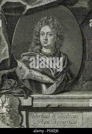 Frederick William I von Prussia(1688-1740). Bekannt als der Soldatenkönig. König in Preußen und Kurfürst von Brandenburg. Kupferstich von M. Bernigeroth. des 19. Jahrhunderts. Stockfoto