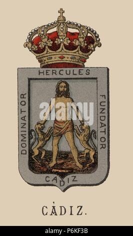 España. Heráldica. Escudo de Armas de la Provincia de Cadiz. Grabado de 1878. Stockfoto