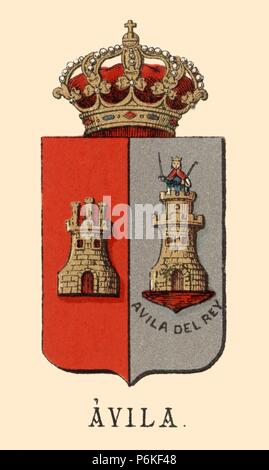 España. Heráldica. Escudo de Armas de la Provincia de Ávila. Grabado de 1878. Stockfoto