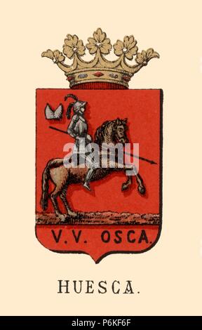 España. Heráldica. Escudo de Armas de la Provincia de Huesca. Grabado de 1878. Stockfoto