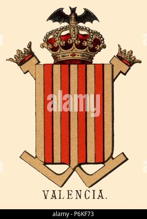 España. Heráldica. Escudo de Armas de la Provincia de Valencia. Grabado de 1878. Stockfoto