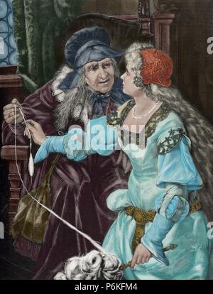 Charles Perrault (1628-1703). Französischer Schriftsteller. Die Schönheit im Wald schlafen. Kupferstich von Brend'Amour. Farbige. Stockfoto