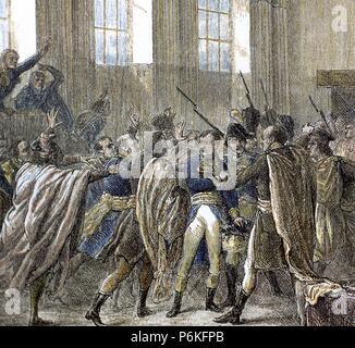 Napoleon Bonaparte (1769-1821) in den Rat der fünfhundert, das Unterhaus des Gesetzgebers von Frankreich während das Verzeichnis (1795-1799). Französische Revolution. Gravur. Farbige. Stockfoto