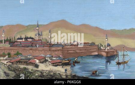 Albanien. des 19. Jahrhunderts. Janina. Panorama. Kupferstich von Rico. Die spanischen und amerikanischen Illustration, 1880. Farbige. Stockfoto