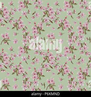 Sakura Blossom Runde Kranz Muster auf grünem Hintergrund. Nahtlose Blumenmuster für romantisches Design, Print, Hintergrund, Textil. Stockfoto