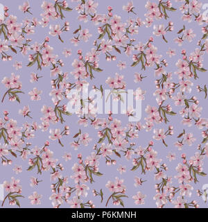Sakura Blossom Runde Kranz Muster auf lila Hintergrund. Nahtlose Blumenmuster für romantisches Design, Print, Hintergrund, Textil. Stockfoto