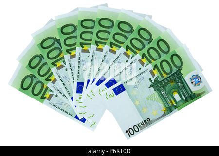 Frontalansicht fan von 100-Euro-Banknoten auf weißem Hintergrund Stockfoto