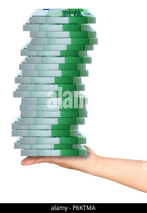 Ausgestreckter männlicher Arm holding Haufen von Packungen mit 100 Euro Banknoten isoliert Stockfoto