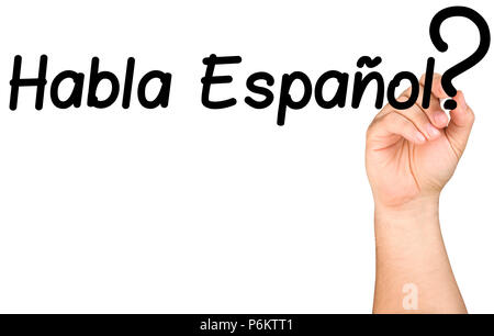 Hand Schreiben habla Espanol auf Klarglas Whiteboard Stockfoto