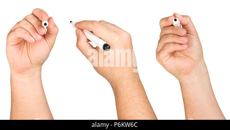 Sammlung der männlichen Hand, die schwarze Spitze oder Marker in drei unterschiedlichen Posen isoliert Stockfoto