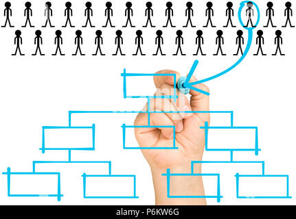 Hand die Auswahl der besten Kandidaten in der höchsten Position des Organigramm auf Klarglas whiteboard, isoliert Stockfoto