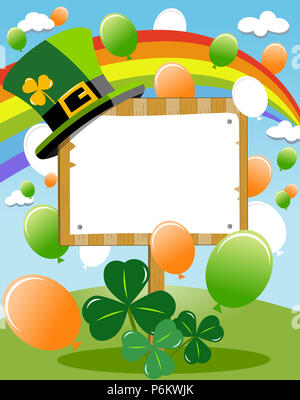 Leere Holzbrett Zeichen im Freien mit Saint Patricks hat auf der Oberseite, Regenbogen, Luftballons und Shamrocks für Happy St. Patricks oder Saint Patrick s Day invitati Stockfoto