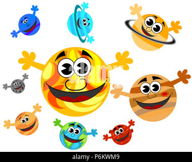 Gerne lustige Comicfiguren Planeten des Sonnensystems und die Sonne mit offenen Händen isoliert Stockfoto