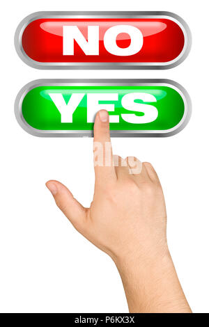 Hand aus einer Auswahl drücken große grüne Schaltfläche Ja isoliert Stockfoto