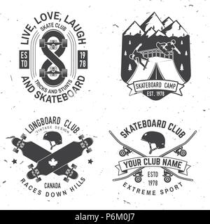 Satz von Skateboard und Longboard club Abzeichen. Vector Illustration. Für skate club Embleme, Schilder und t-shirt Design. Vintage Typografie Design mit Skateboard, skate Truck und Helm. Extreme Sport. Stock Vektor