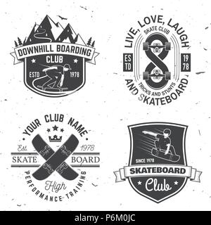 Satz von Skateboard und Longboard club Abzeichen. Vector Illustration. Für skate club Embleme, Schilder und t-shirt Design. Vintage Typografie Design mit Skateboard, skate Truck und Helm. Extreme Sport. Stock Vektor