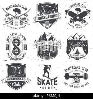 Satz von Skateboard und Longboard club Abzeichen. Vector Illustration. Für skate club Embleme, Schilder und t-shirt Design. Vintage Typografie Design mit Skateboard, skate Truck und Helm. Extreme Sport. Stock Vektor