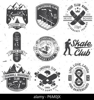 Satz von Skateboard und Longboard club Abzeichen. Vector Illustration. Für skate club Embleme, Schilder und t-shirt Design. Vintage Typografie Design mit Skateboard, skate Truck und Helm. Extreme Sport. Stock Vektor