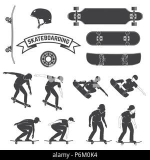 Satz von Skateboard und Skateboarder Symbol. Vector Illustration. Für skate club Embleme, Schilder und t-shirt Design. Skateboarding Ausrüstung Silhouette auf weißem Hintergrund. Stock Vektor