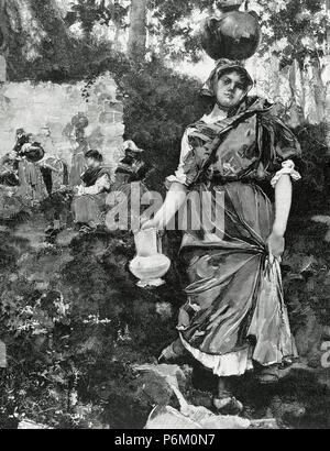 Spanien. Asturien. San Esteban de Pravia. Frau mit Tracht neben der Quelle des Castaneu. Gravur. des 19. Jahrhunderts. Stockfoto