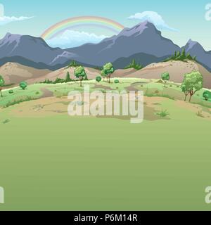 Regenbogen im Gebirge. Die Probe Karten auf gutes Wetter mit Platz für Ihren Text. Vector Illustration. Stock Vektor