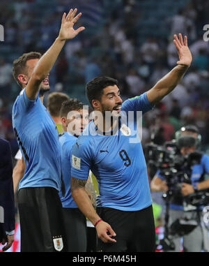 Sochi, Russland. 30. Juni, 2018. Fußball, Fußball-WM, runde 16, Uruguay vs Portugal auf der Sochi-Stadium. Uruguay's Luis Suarez (r). Credit: Christian Charisius/dpa/Alamy leben Nachrichten Stockfoto