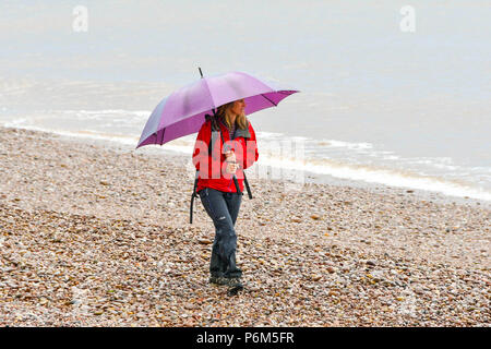 Honiton, Devon, Großbritannien. 1. Juli 2018. UK Wetter. Eine Frau auf dem Strand im Badeort Sidmouth Devon mit Schirm, der als die Stadt fängt den Rand eines vorbeifahrenden heftiger Regenschauer. Foto: Graham Jagd-/Alamy leben Nachrichten Stockfoto